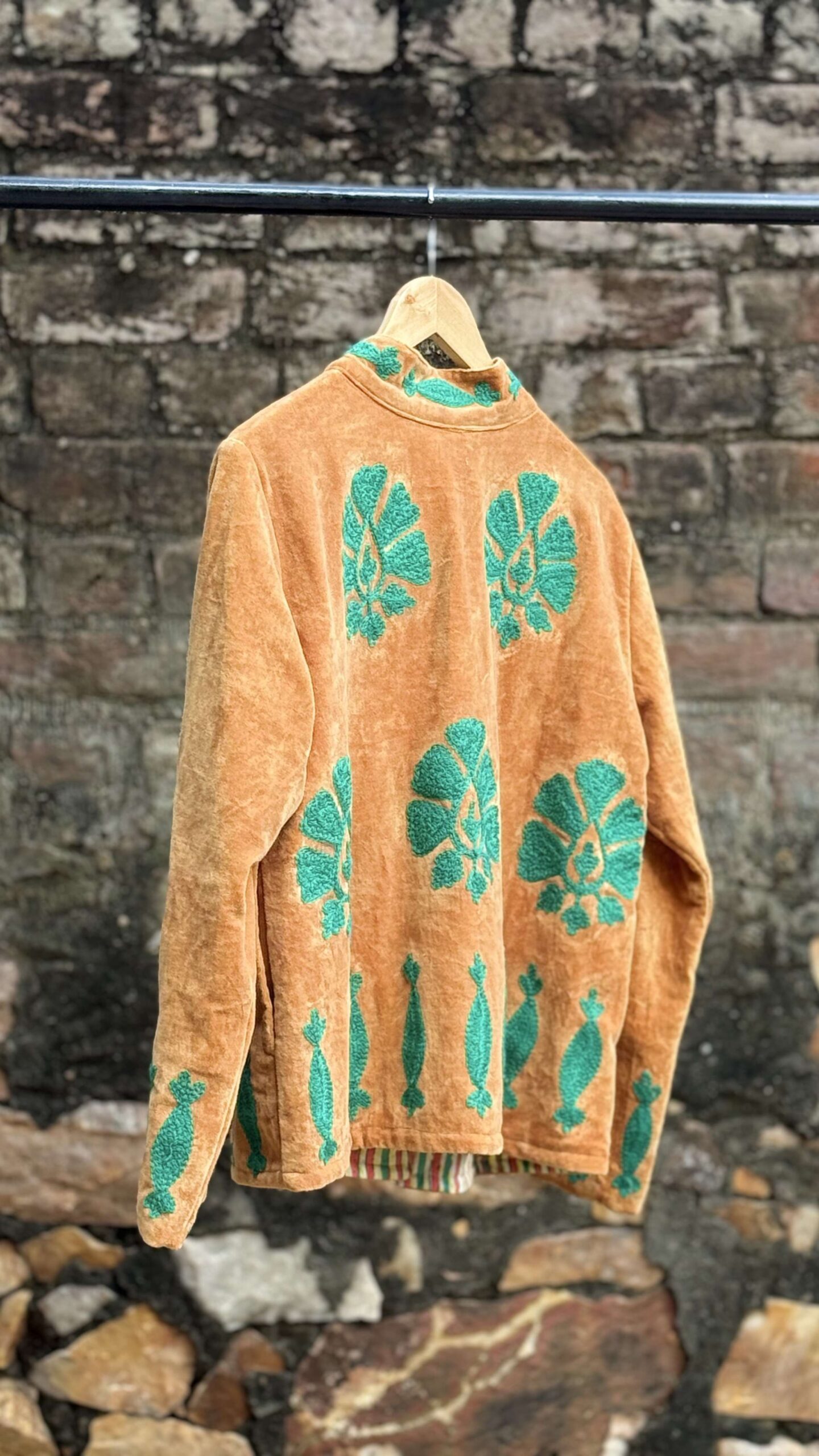 Womens Rust Velvet Embroidered Jacket with Floral Design