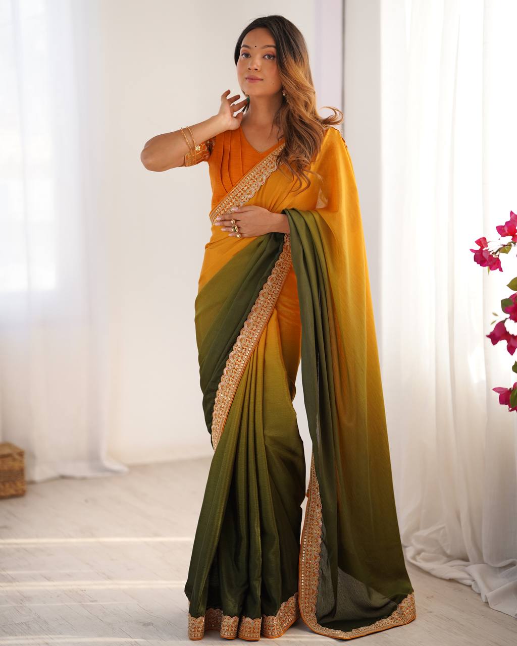 Women's Elegant Ombre Green Georgette Saree with Intricate Golden Zari & Stone Embellishments – Complete with Heavily Worked Blouse for Festive & Wedding Wear - Image 18